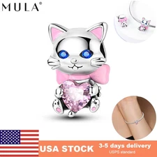 MULA European Pink Heart Cat DIY Charms AAA CZ for Bracelets 925 Sterling Silver