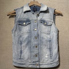 Guess Womens Sleeveless Denim Jean Jacket Vest XS Light Wash Distressed Retro