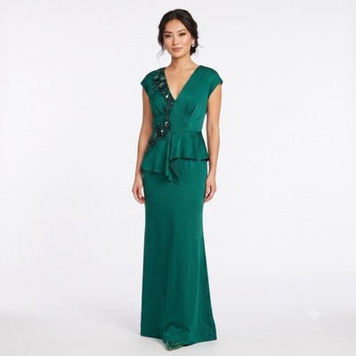 Aidan Mattox Gown 8 Emerald Green Beaded Peplum V-Neck Maxi Slit Dress NWT