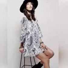 Free People Rain or Shine Peasant Lace Up Dress S Purple Paisley Boho Crochet