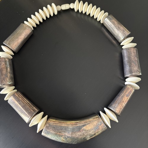 Necklace 283g 925 Sterling Silver Modernist Indigenous Beads Plastic Discs