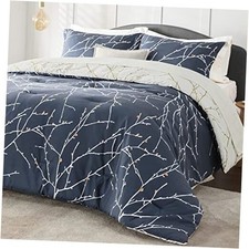 Comforter Set - 5 Pieces Navy Blue Bed Set, Tree Floral Twin 03 - Navy Blue