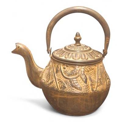 Large Chinese Rustic Hammered Metal Leaves Teapot Fall Country Decor