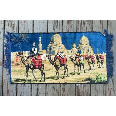 Vintage Camel Caravan Tapestry Wall Hanging Mosque Desert Scene Velvet