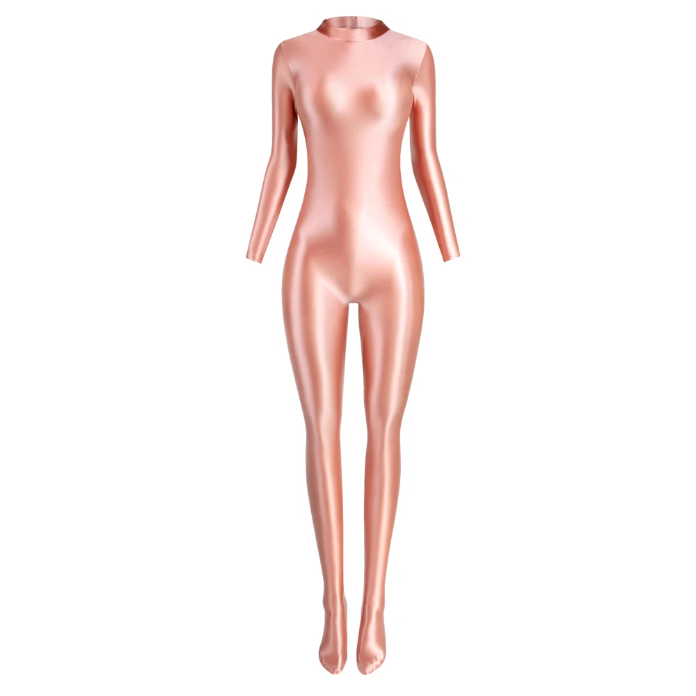 MJINM Women's Stretch Gloss Silky Jumpsuits Sport Bodysuit Short zipper Overall - Picture 21 of 30