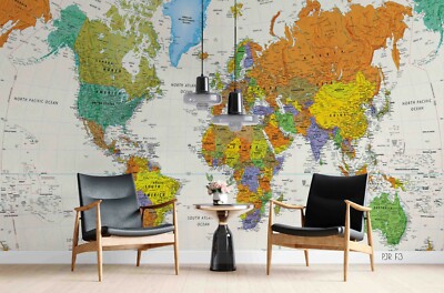 3D Colorful World Map Self-adhesive Removable Wallpaper Murals Wall