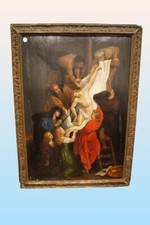 Antico quadro dipinto olio su tavola olandese del 1600 "Deposizione dalla croce"
