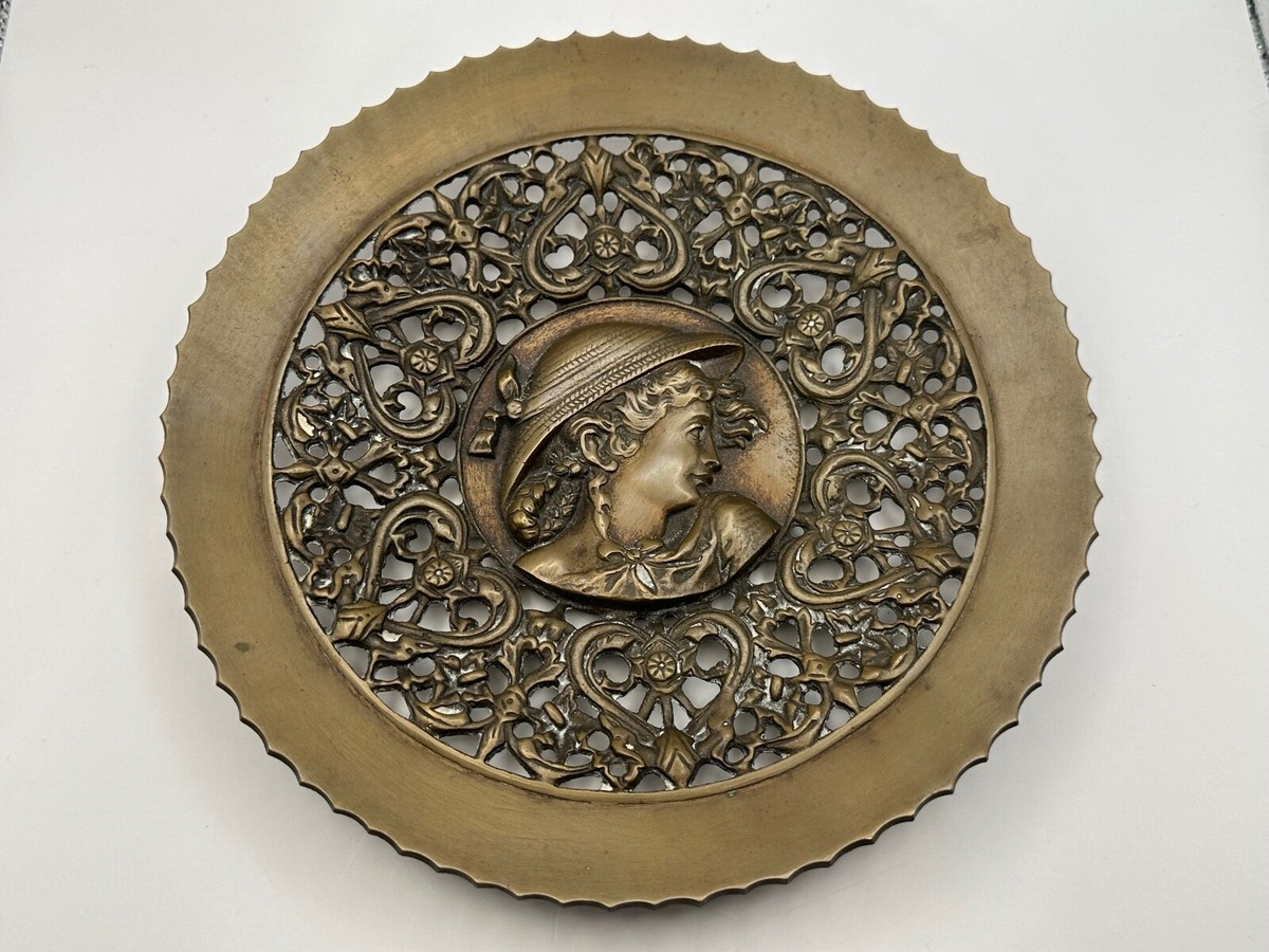 Antique Decorative Metal Plate Woman with Hat Reticulated Design