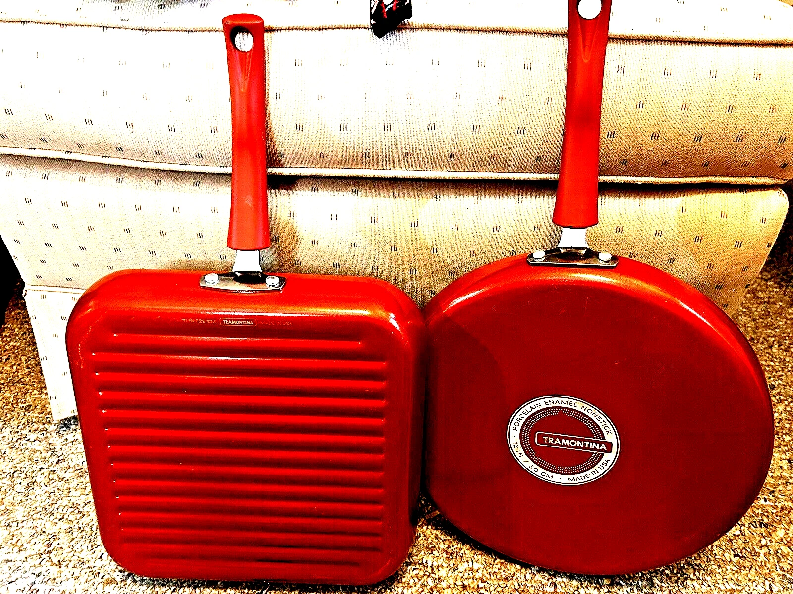 TRAMONTINA 2-PIECE NON-STICK COOKWARE -GRIDDLE & STIR FRY PANS -RED -GENTLY USED