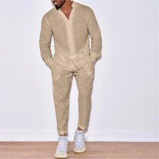 Men Summer Outfit 2-Piece Set Long Sleeve Shirt and Pants Sweatsuit Set
