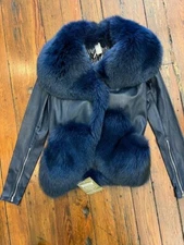 THOMAS WYLDE Blue Leather and Fur Jacket, Zip-Off Sleeve, Size L