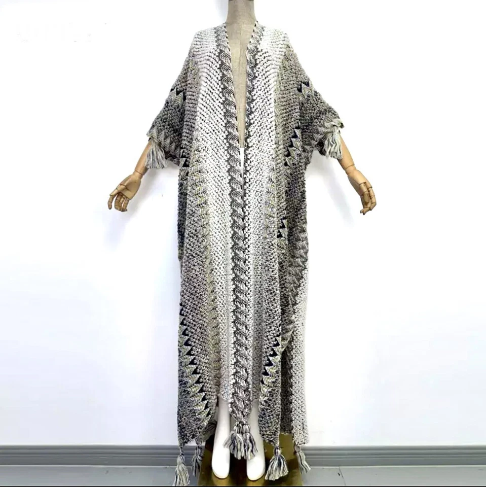 Maxi chaleco plumero largo tejido gris borlas invierno gusano mujer chaqueta top 227