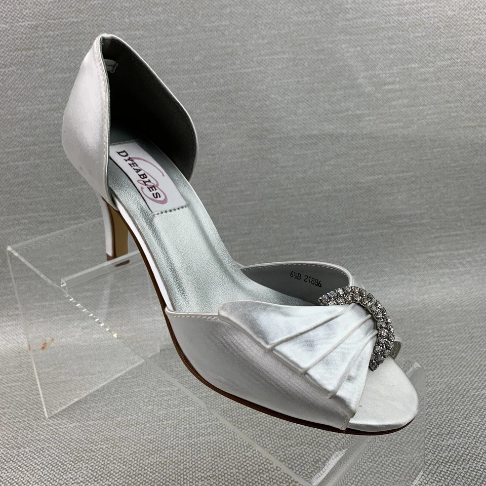 Dyeables Pumps White Satin Peep Toe Rhinestone Slip On Shoes Size 6.5B NEW - Image 3 of 4