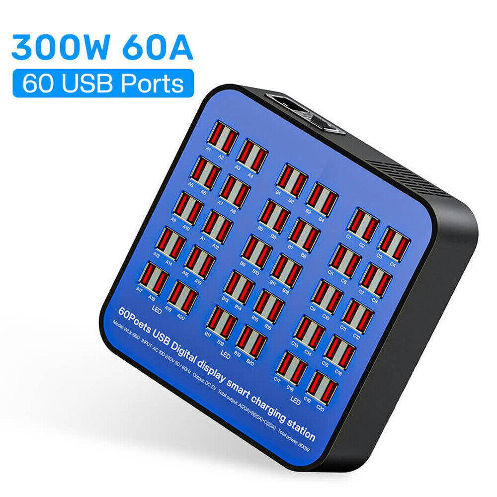 60-Port 300W Fast USB Hub Charger for Phones and Devices