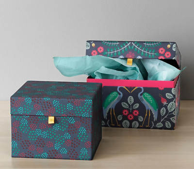 TWO Decorative Paperboard Nesting Boxes Birds Egret Berries Leaves