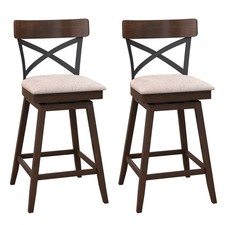 Set of 2 Wooden Swivel Bar Stools Upholstered Counter Height Dining Chairs Brown