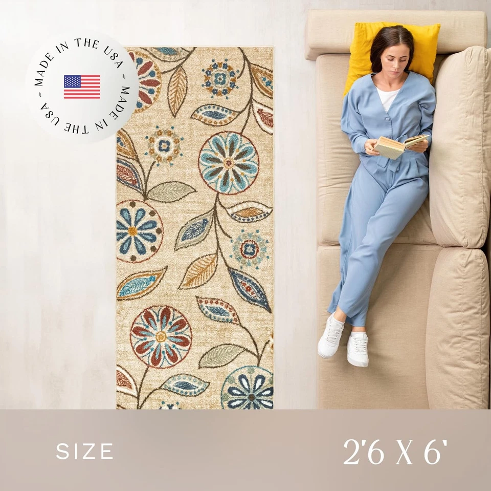 Alfombra Corredor Floral Reggie - Hecha en EE. UU. - Alfombra Interior Lavable, Antideslizante para... Foto 3 de 4