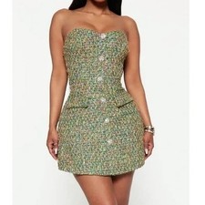 Fashion Nova Tanya Tweed Strapless Mini Dress in Green Pink size Medium NEW