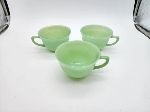 Vintage Fire King Oven Ware JANE RAY jadeite green glass tea cup ONLY 3 Pcs.