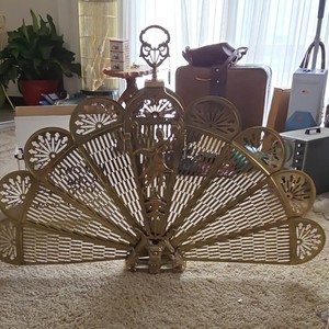 XL Vintage Art Deco Fireplace Screen Brass Ornate Peacock Folding Fan Rare 47" W
