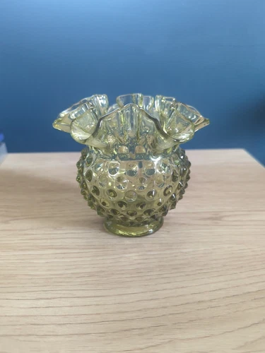 FENTON Glass Vase 4.5” Green Hobnail Dot Double Crimped Ruffled Edge VTG