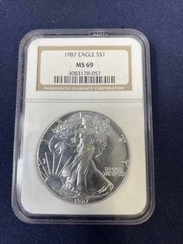 1987 American Silver Eagle Certified as MS69 by NGC.