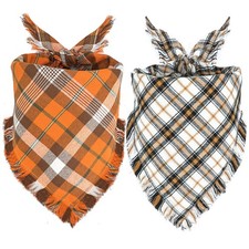 Fall Dog Bandana Thanksgiving Autumn Orange Plaid Scarf Reversible Medium