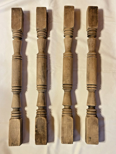 Four Antique ?Poplar Turned Wood Spindles Balusters 22" symmetrical pattern