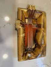 Vintage MCM Royal Palm Los Angeles Pottery Ashtray Golden-tone Drip Glaze USA