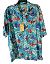 CARIBBEAN Roundtree Yorke Shirt Hawaiian print Large blue floral Silk blend  NWT