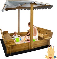 Kids Sandbox with Lid, Wooden Sand Box with Cover Outdoor, Uv-Protection  Natur