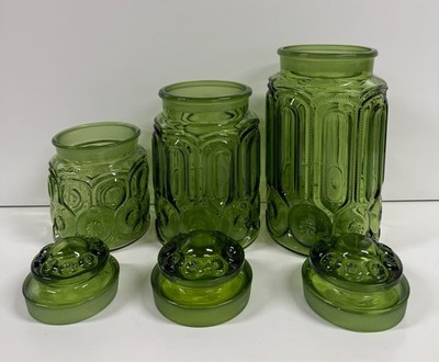 Set of 3 LE Smith Green Moon & Stars Glass Kitchen Canister Lids Apothecary