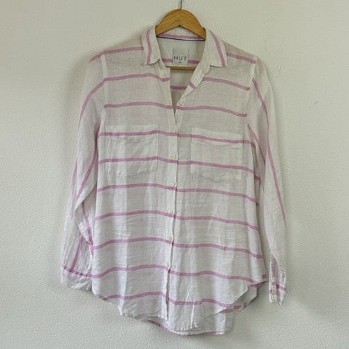 HUT Clothing Pink White Striped Long Roll Tab Sleeve Button 100% Linen Shirt XS