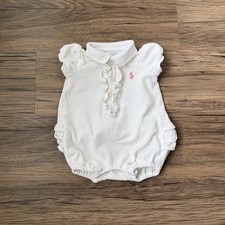Ralph Lauren Baby Girl White Ruffle Polo Bubble Romper Pink Pony 3 Months