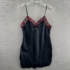 Y2K Black Satin Lace Slip Dress Red Floral Trim Goth Whimsigoth Grunge Coquette