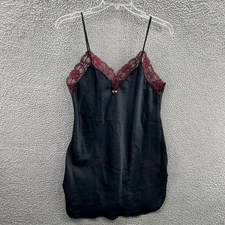 Y2K Black Satin Lace Slip Dress Red Floral Trim Goth Whimsigoth Grunge Coquette