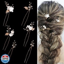 SELFCLOUD Handmade Pearl Bridal Wedding Hair Pins 6Pcs White Flower Gold Leaf