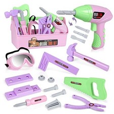 Kids Tool Set - Toddler Tool Playset with Toy Drill, Toy Tool Box, Pink