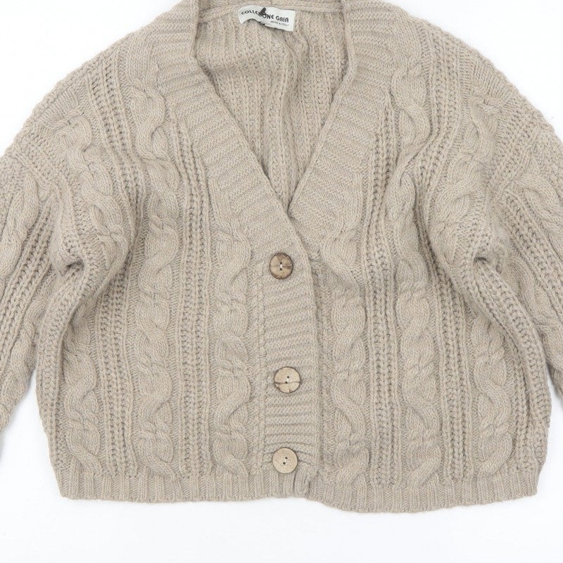 Collezione Gaia Womens Cardigan Jumper Size S Beige V-Neck Cable-Knit Casual image 8