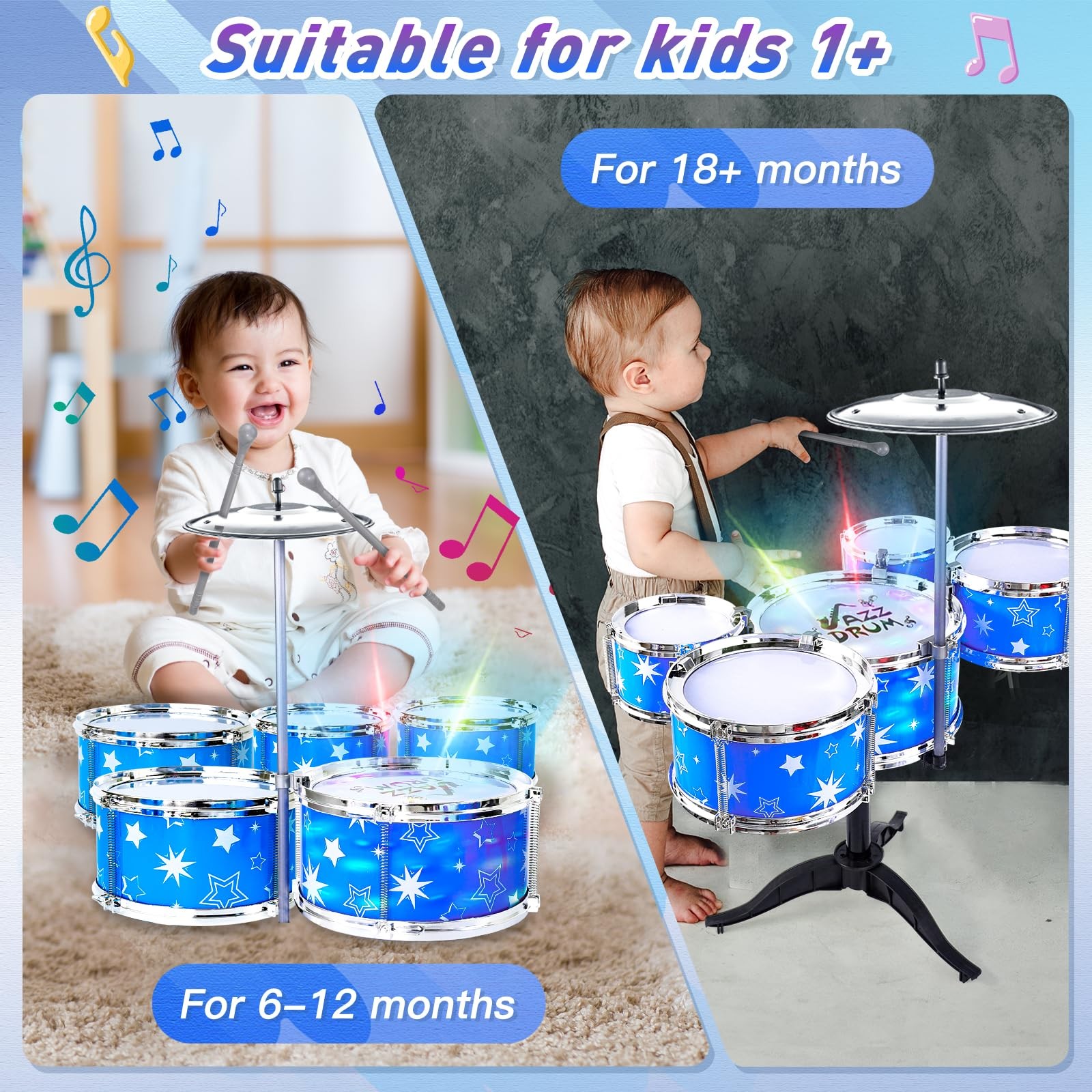 Kids Drum Set for Toddlers w/ Light (All Plastic), Musical Gifts Toys for Boy...