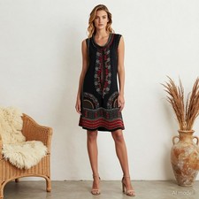 Boho Lagenlook Midi Dress Multi Geometric Jersey Shift Sleeveless Stretch US 10
