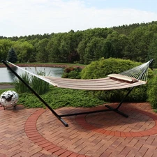 2-Person Quilted Fabric Hammock with Steel Stand - Sandy Beach by Sunnydaze
