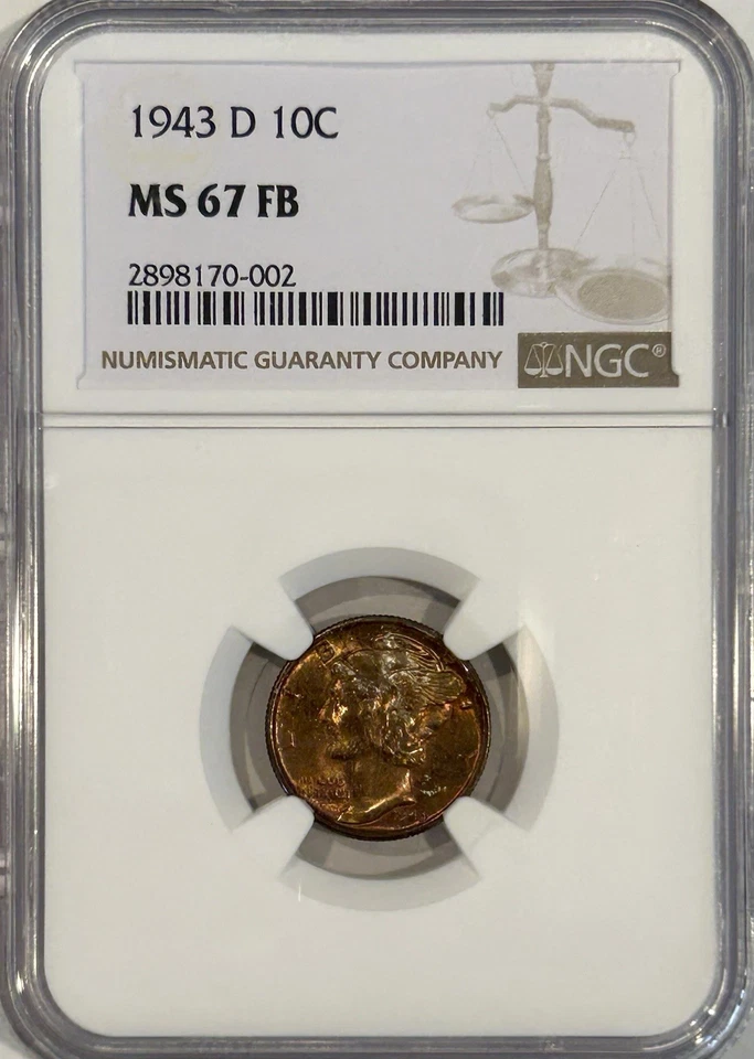 1943-D Mercury Dime MS 67 FB NGC - Vibrant Toning, Full Bands, Eye Appeal - Image 3 of 4