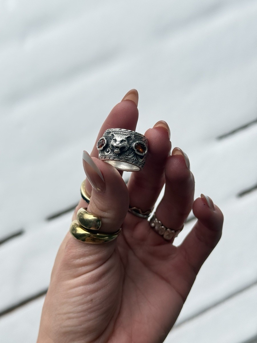 GUCCI（グッチ） アングリーキャットリング 22号【ma】 Gucci Feline Ring W/ Orange Crystals Size 7 Sterling | eBay