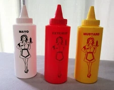 Nostalgic plastic squeeze condiment dispensers Red White Yellow Barbecue picnic
