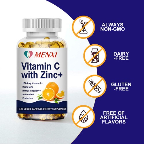 1000mg Vitamin C & 20mg Zinc Complex Capsules Vegetarian Supplement 120 Pills - Picture 1 of 8