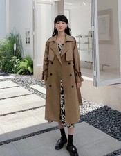 Women Elegant Double Buttons Trench Coat Jacket - Outerwear Outfit Light Brown