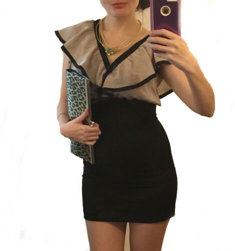 HM Bodycon Sexy Dress Size 8 Black Pink Ruffle V Neck Top Party Summer sleveless - Picture 2 of 12