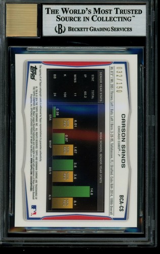 2014 Bowman Draft Chrome Carson Sands Blue Refractor Auto BGS 9 Mint #d /150 - Picture 2 of 2