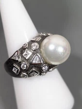 Gray Matte Square Triange Crystal White Faux Pearl Solitaire Cocktail Ring Sz 9